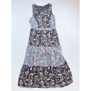 Lucky Brand Maxi Dress Womens Small Navy Grey Bird‎ Floral Tier Cottagecore Boho